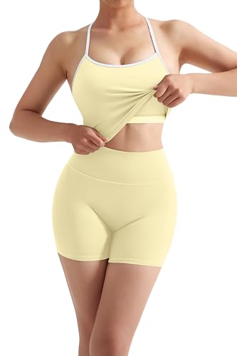 Image of SUUKSESS Women 2 Piece Workout Sets High Waisted Tummy Control Biker Shorts Halter Padded Tank Tops