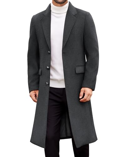 COOFANDY Mens Trench Coat Black Winter Long Casual Overcoat Singler Breasted Notched Collar Wool Blend Coat, Grey, Medium