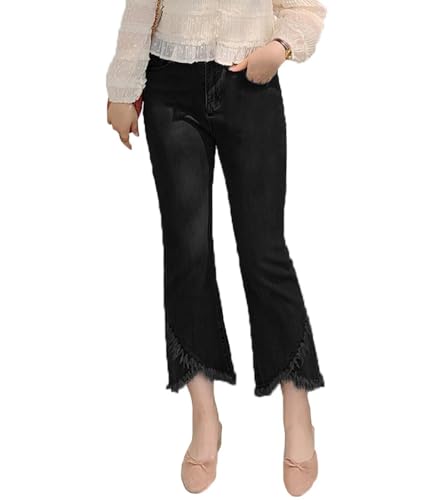 Ru Sweet Womens Stretch Denim Jeans Ripped Distressed Frayed Hem Denim Jeans Tassel Fringe Cropped Jeans