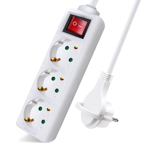 EXTRASTAR Regleta Alargador con 3 Enchufes e Interruptor, Cable 1.5M Clavija Plana, para el hogar,...