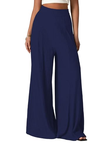 Image of Shasmi Women's Elegant High Waist Wide Leg Pants - Textured Solid Color Loose Fit Long Trousers | Casual Beach & Airport Outfit | Lightweight Flowy Palazzo Style (Trouser 259)