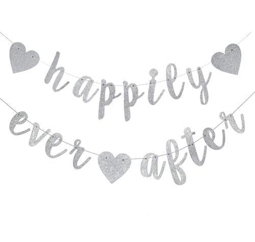 Happily Ever After Silver Glitter Bunting Banner, Engagement, Bridal Shower, Wedding Party Photo Booth Props Signs,Pre-Strung Cursive Bunting