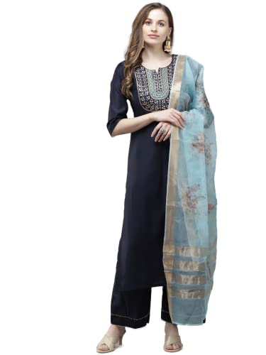 Image of INDO ERA Women's Cotton Blend; Organza & Rayon Kurta Palazzo With Dupatta Set