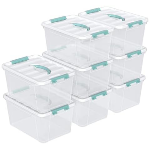 Parlynies 14 Qt Stackable Plastic Storage Bins with White Lids, Clear Latching Storage Organizer Box, 8 Packs Cover