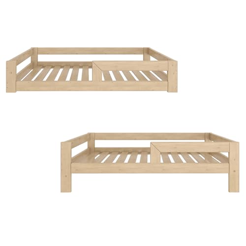Need Sleep Montessori Bett am Boden 2in1 Kinder Bodenbett umbaubar zum Kinderbett 90x200 mit Rausfallschutz Lattenrost niedrig Kids Floor Bed Bodentief Kleinkindbett ab 2 Jahre Mädchen Junge