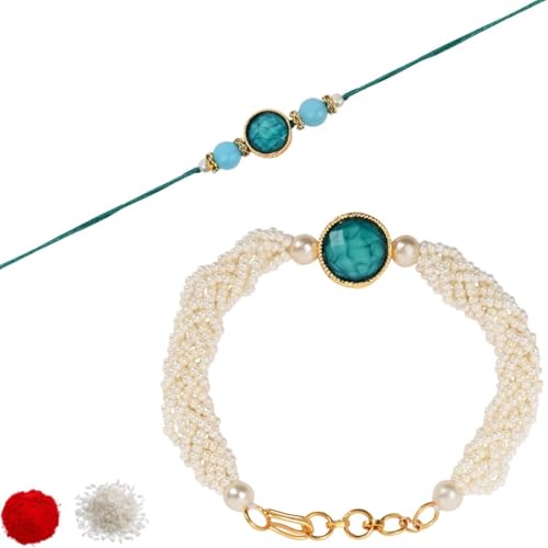 Image of I Jewels Designer Kundan Pearl beaded Bhaiya Bhabhi Lumba Rakhi Bracelet Combo Set With Roli Chawal & Rakshabandhan Greeting Card