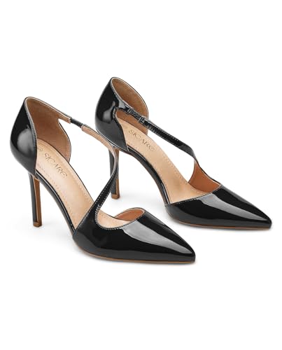 Image of Women's Pointed Toe High Heel Pumps, Elegant Asymmetric Cross Strap D'Orsay Stiletto Strappy Heels, Glossy Patent Dress Shoes for Wedding, Party, and Office
