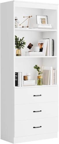 oneinmil Bookcase with 3 Drawers Tall Bookshelf Display Rack with 3-Tier Open Shelves Storage Shelves for Home Office Living Room Bedroom White 6 Tier