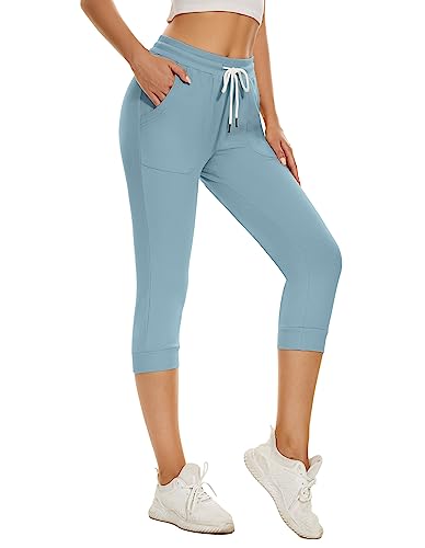 Specialmagic Women's Capri Joggers Cropped Sweatpants Running Pants Lounge Drawstring With Side Pockets Light Blue M #TOP29