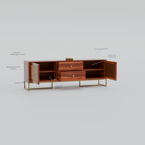 Image of Sheesham Wooden TV Cabinet for Living Room 65+ inch - TV Table for Living Room Entertainment Unit - Solid Wood TV Unit for Livingroom 65 Inch with 2 Drawers & 4 Shelves