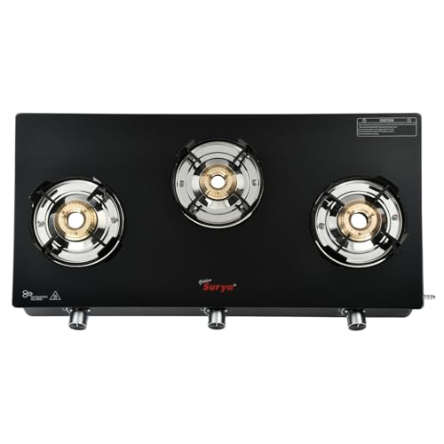 Image of GOLDEN SURYA Premium Toughened Glass Top Manual Ignition, 18 Months Warranty, BIS Certified, Gas Cooktop 3 Burner Gas Stove (CXJ-32 Flame Guard)