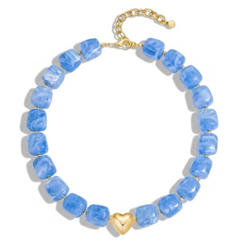 Collier perles bleues femme ras du cou grosses perles résine été