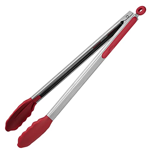 U-Taste 41 cm Pinza da cucina in silicone resistente al calore 315℃ con punte in gomma antiaderente ben sigillate e manico in acciaio rivestito in silicone e bloccaggio liscio (Rosso)