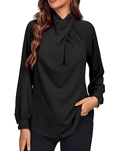 Lyaner Women's Mock Neck Button Back Long Sleeve Elegant Office Work Blouse Shirt Top Black X-Large #TOP4