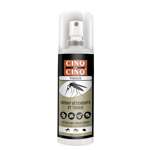 CINCO DE CINCO | Spray Ropa & Tejidos | Antimosquitos y garrapatas | Protección hasta 8 horas | Sin olor, no mancha | A partir de 12 meses | 100 ml