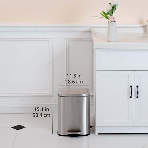 Image of AmazonBasics Rectangle Soft-Close Trash Can - 12L, Satin Nickel