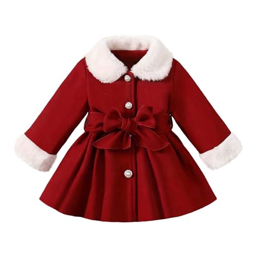 18-24 Months Baby Girls Wool Blend Coat Little Girls Single Breasted Trench Coat Windproof Warm Dress Jacket Outerwear with Belt Faux Fur Collar Red Clothes