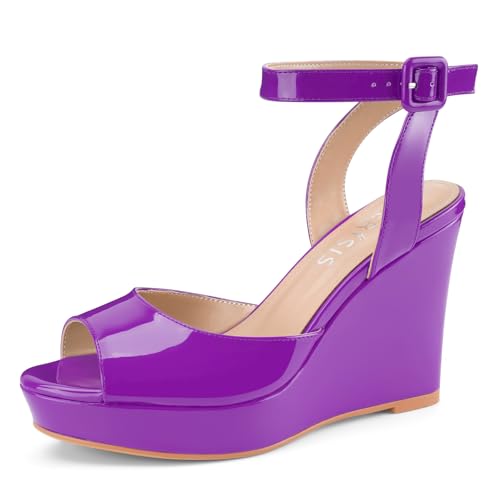 Image of Women's Dressy Platform Wedge Sandals Gold Wedges Peep Toe Patent High Heels Slingback Heeled Comfortable Ankle Strap Shoes