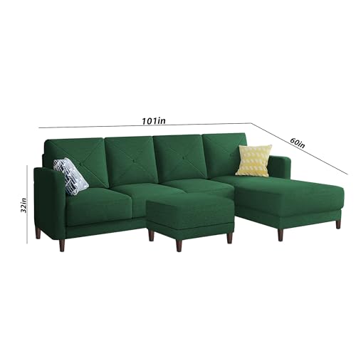 Image of Baloney RHS 6 Seater L Shape Sofa Set with Center Table for Living Room (Green Fabric) Premium Fabric Sofa