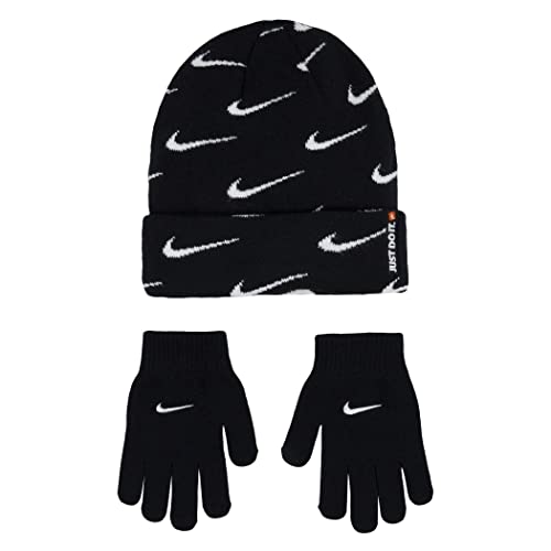 Nike Boys' (8-20) Knit Beanie Cap and Gloves Set Black White