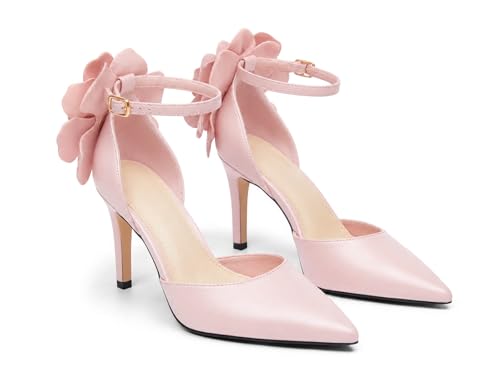 Coutgo Womens Closed Pointed Toe Heels Flower Ankle Strap Pumps Dressy High Heel Wedding Party Shoes, Pink Pu, Size 8.5