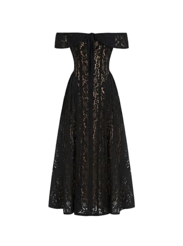 Amazon.com: CIDER Wedding Guest Dress Lace Floral Off Shoulder Knotted  Flared Maxi Dress Mid Waist Lined Black : Clothing, Shoes & Jewelry