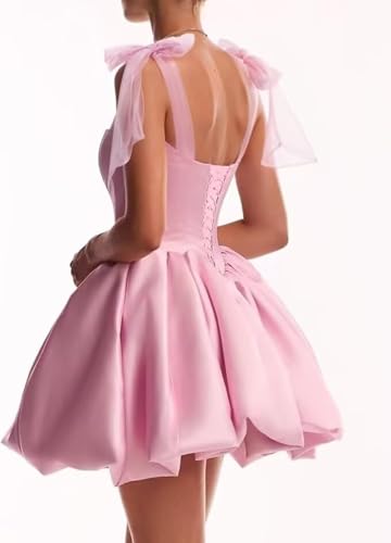 Square Neck Satin Homecoming Dresses for Teens Short Puffy Prom Dress with Bow Flower Bud Cocktail Party Gowns2