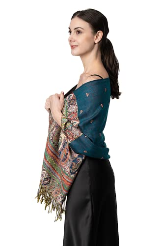 Achillea Reversible Bohemian Paisley Pashmina Ethnic Tribal Border Shawl Wrap Scarf (Teal) #TOP16