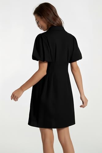 Image of D-Sun Women's Short Puff Sleeve Shirt Dress Button Down Pleated Mini Dress Casual Short Dresses