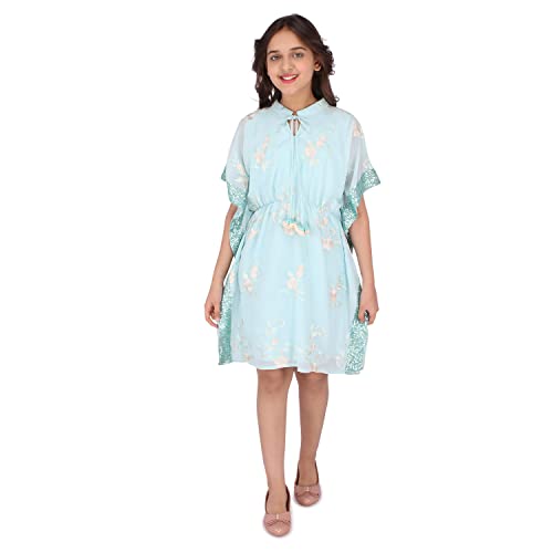 Image of Cutecumber Girls Georgette Floral Embroidered Aqua Kaftan Dress.