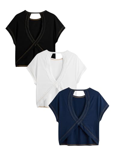 Image of RoseSeek Women's 3 Packs Open Back Tops T Shirt Criss Cross Cut Out Tee Short Sleeve Crewneck Summer Backless Tops