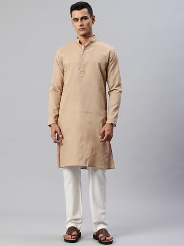 Image of Majestic Man Men's Cotton Regular Fit Casual Mandarin Collar Ethnic Motifs Solid Long Kurta