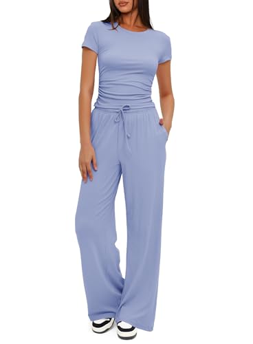 Ensemble de survêtement 2 pièces femme bleu avec haut froncé manches courtes
