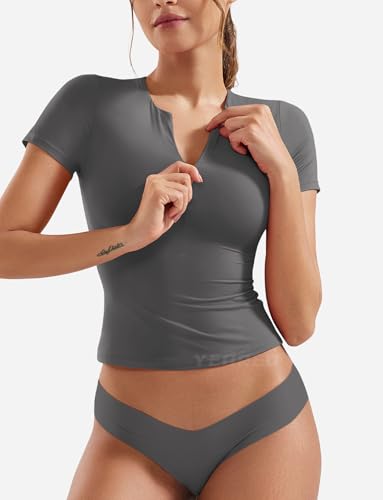 YEOREO Women Basic Adjustable Zip Up Short Sleeve T-Shirt Workout Crop Top Double Lined Tank Slim Fitted Ruched Going Out Top2