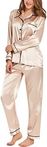 SWOMOG Womens Silk Satin Pajamas Long Sleeve Loungewear Two-Piece Sleepwear Button-Down Pj Set Champagne, Small