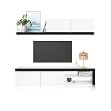 mueble salon blanco y ceniza Medidas del módulo bajo del salón Axis: 180 cm (largo) x 40 cm (fondo) x 37 cm (alto). Medidas del módulo superior: 180 cm (largo) x 36 cm (alto) x 30 cm (fondo). Conjunto para salón compuesto de un mueble de televisión con 2 puertas y 2 huecos, un módulo superior de 2 puertas con 1 estante.