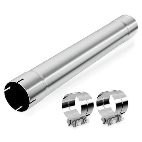 LCGP 4 Inch Straight Exhaust Pipe 4 Stainless Steel Straight Muffler Replacement Pipe 30 Length Mandrel Exhaust Tube with Two Lap Joint Band Clamps(New Version)