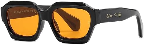 Retro Rectangular Sunglasses For Men Women Trendy Hexagon Square Black Orange Lens 90s Glasses