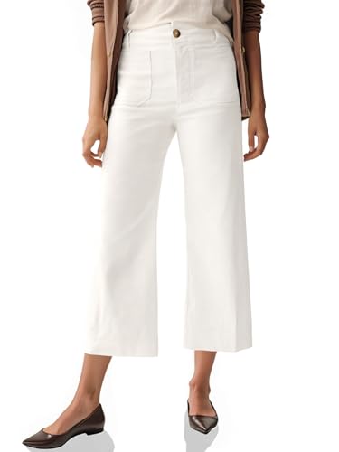Cicy Bell Womens Cropped Wide Leg Pants High Waisted Stretchy Flare Pants Casual Baggy Trousers White