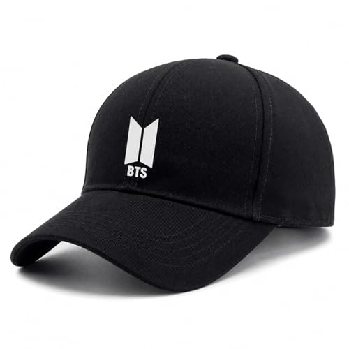 Image of BTS Printed Baseball Cap for Men Women Teens | Adjustable Korean Style K-Pop Hat | Casual Sports Streetwear Fashion Cap for Travel Gym Concert Outdoor Black