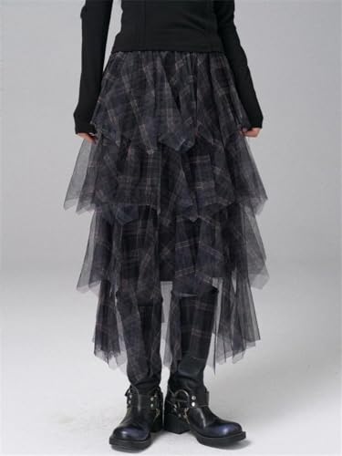 Women Elastic High Waist Tulle Black Plaid Irregular Layers Mesh Cake Midi Skirt Loose Festival Skirts2
