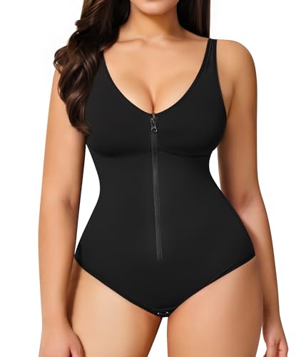MERYOSZ Shapewear Bodysuit for Women Tummy Control Body Suits V Neck Zipper Waist Trainer Bodysuits Body Shaper Tops