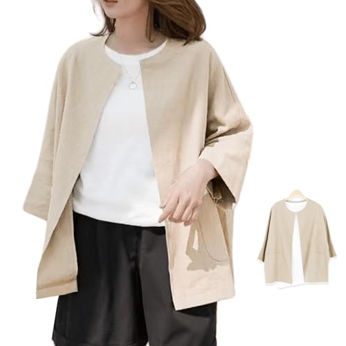 [Vmiutyer LLOP] 新色追加 リネンシャツ レディース 前開き ノーカラー ボタンなし 七分袖 春服 ゆったり ライトアウター 羽織り 薄手 通気 無地 体型カバー トップス - Vmiutyer LLOP - 商品画像
