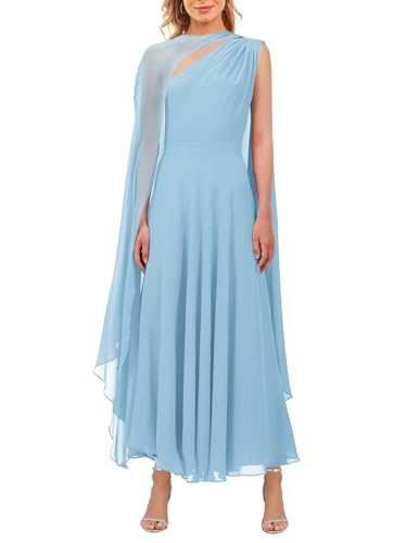 Image of Aisbei Women's Elegant One Shoulder A Line Flowy Maxi Dress Evening Gowns Party Formal Wedding Guest Dresses with Cape