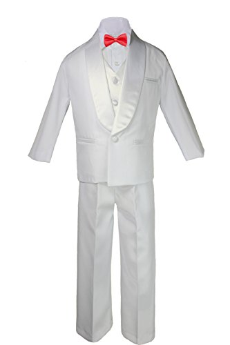 5-7pc Boy White Satin Shawl Lapel Suits Tuxedo RED Satin Bow tie Sm-7 (20, (6pc) Suit Set Add Bow Tie)
