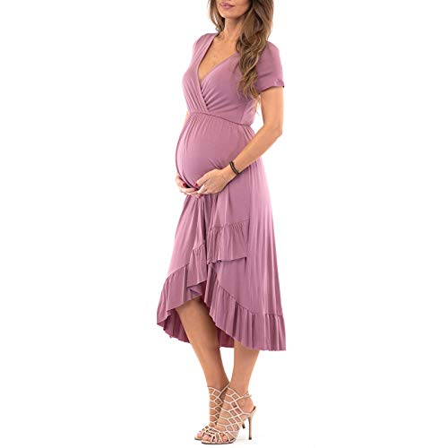 Mother Bee Maternity Short Sleeve Hi-Low Ruffle Faux Wrap Dress #TOP2