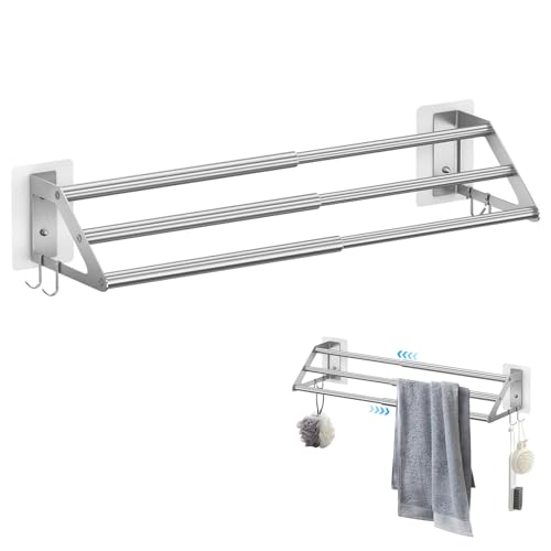 ZFOEFO - Servilletero de pared para cuarto de baño, 3 pisos, toalla de baño, extensible 34,5 – 62 cm, barra toallero de acero inoxidable con 4 ganchos, 2 métodos de instalación