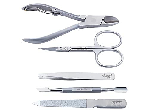 Alpen Maniküre-Set, 5-tlg, rostfrei, Hautschere, Nagelzange, Pinzette, Nagelschieber, Nagelfeile, schwarz-braunes Etui