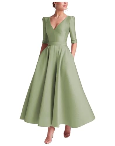 Satin V Neck Mother of The Bride Dresses for Wedding Half Sleeve A-line Long Wedding Guest Dresses for Women