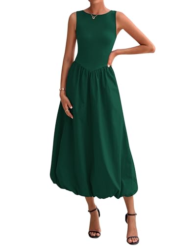 Image of BTFBM Women's 2026 Summer Casual Sleeveless Midi Dress Patchwork Knit Tank Bubble Long Flowy Beach Maxi Sundress Pockets